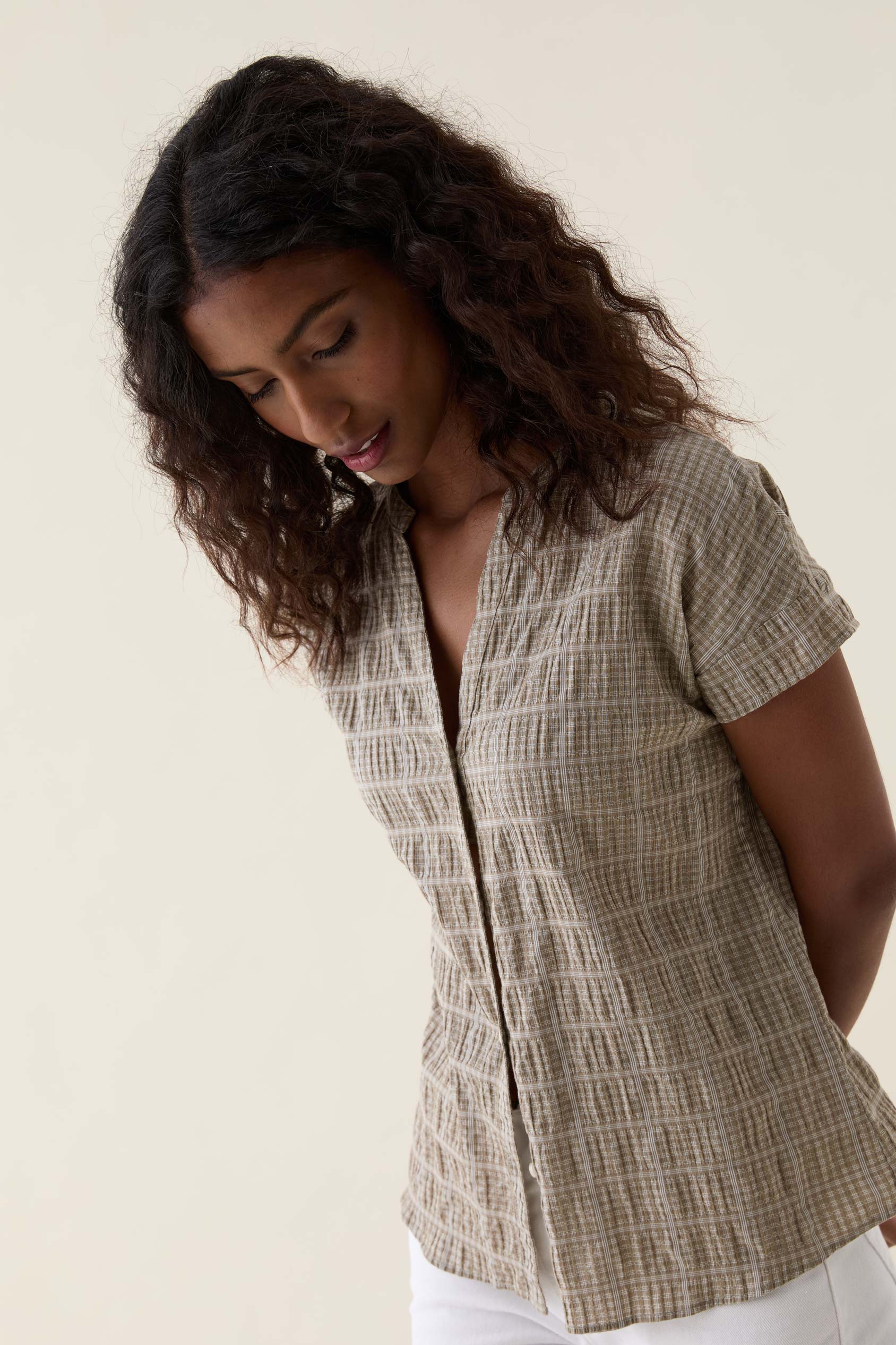 Telscombe Khaki Seersucker Blouse