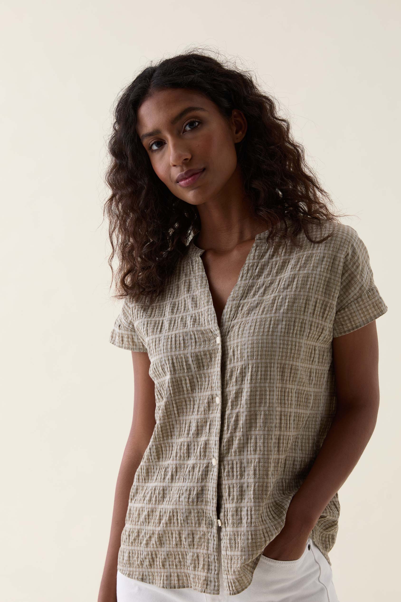 Telscombe Khaki Seersucker Blouse