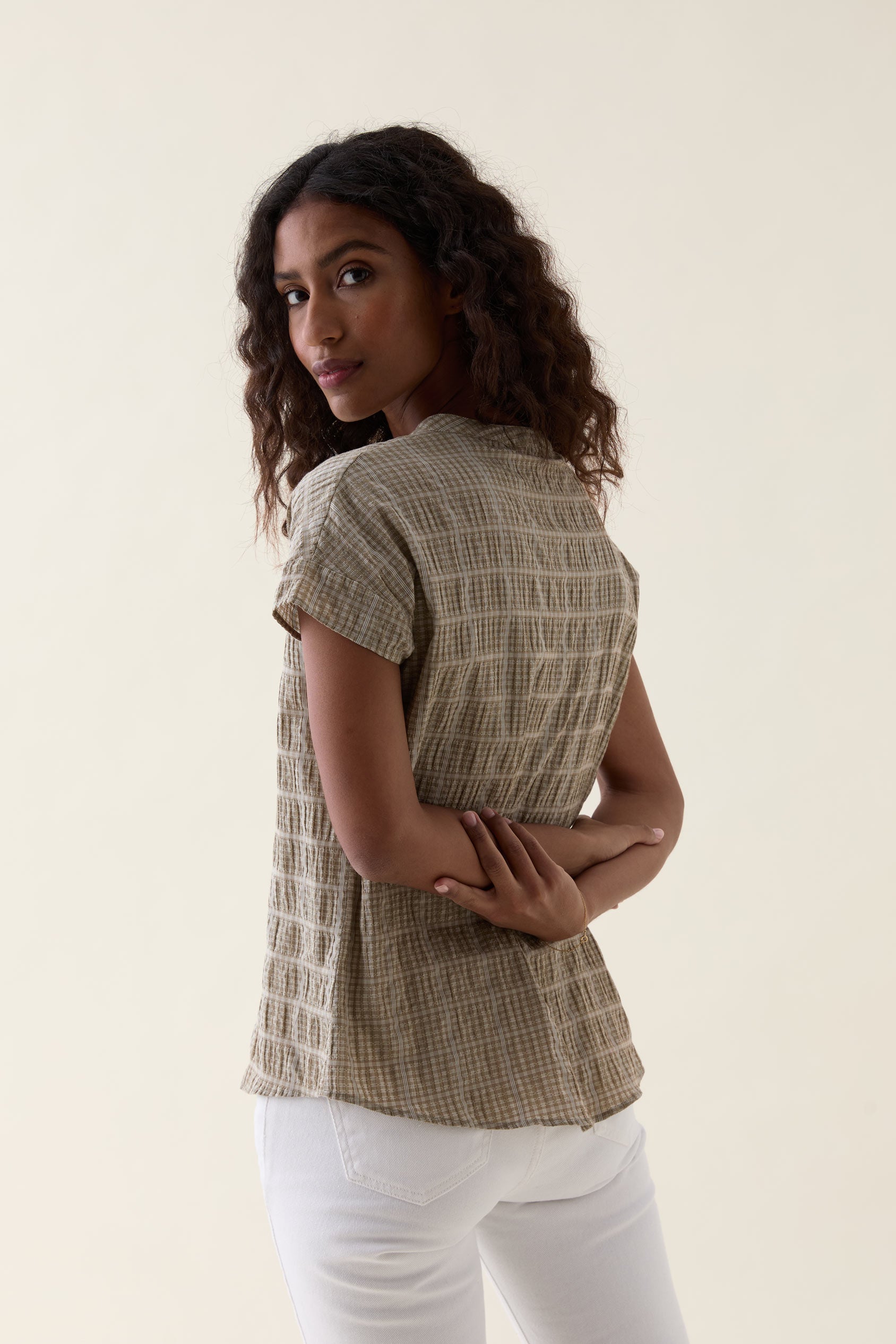 Telscombe Khaki Seersucker Blouse