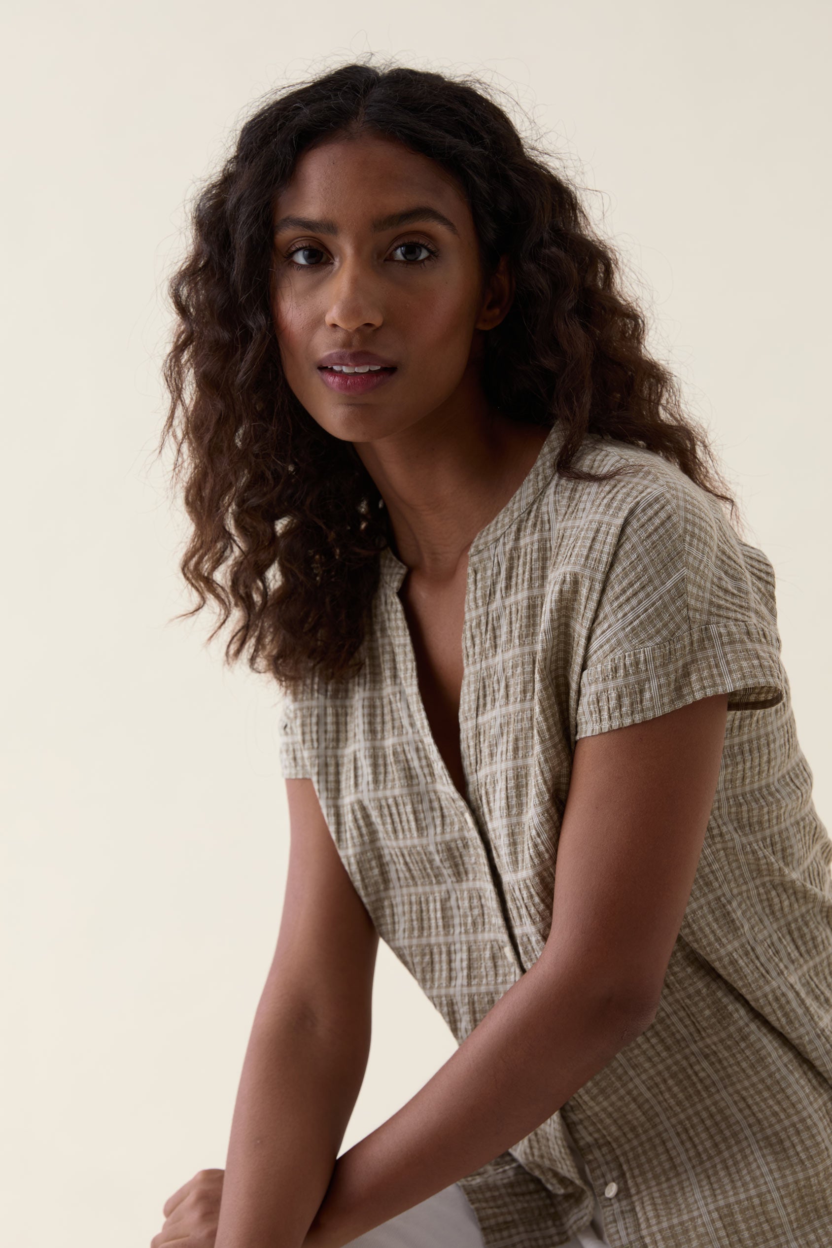 Telscombe Khaki Seersucker Blouse