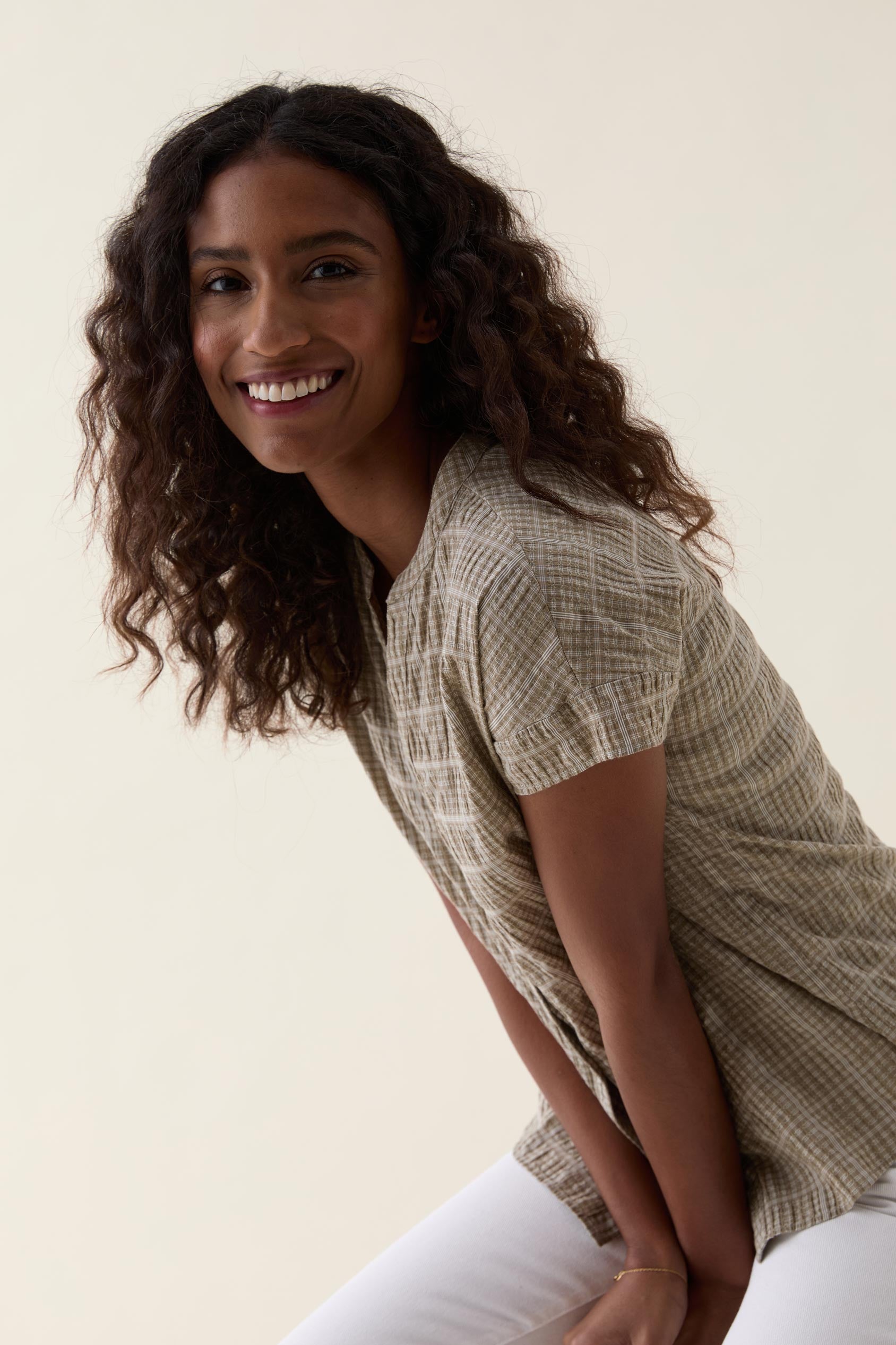 Telscombe Khaki Seersucker Blouse