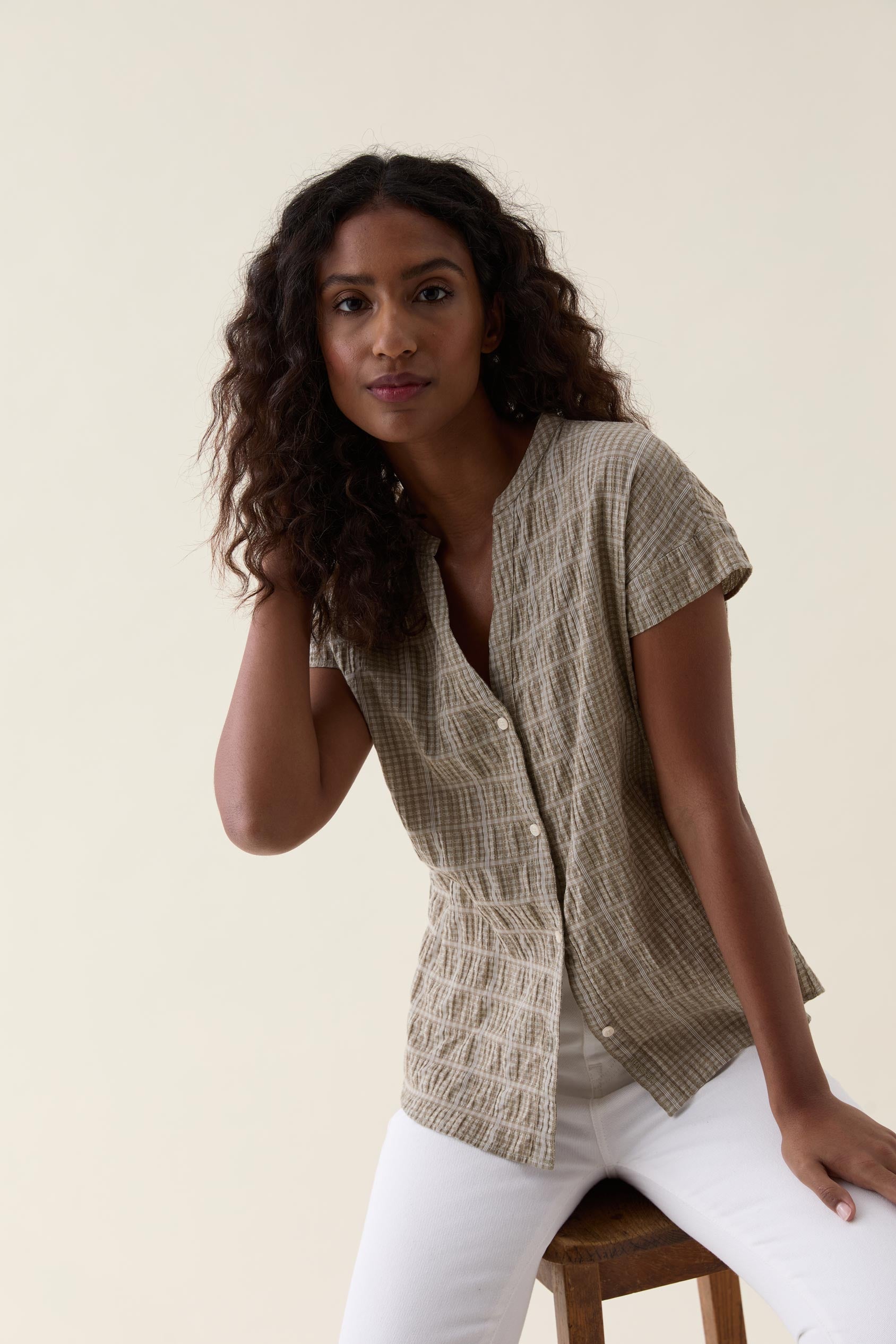 Telscombe Khaki Seersucker Blouse