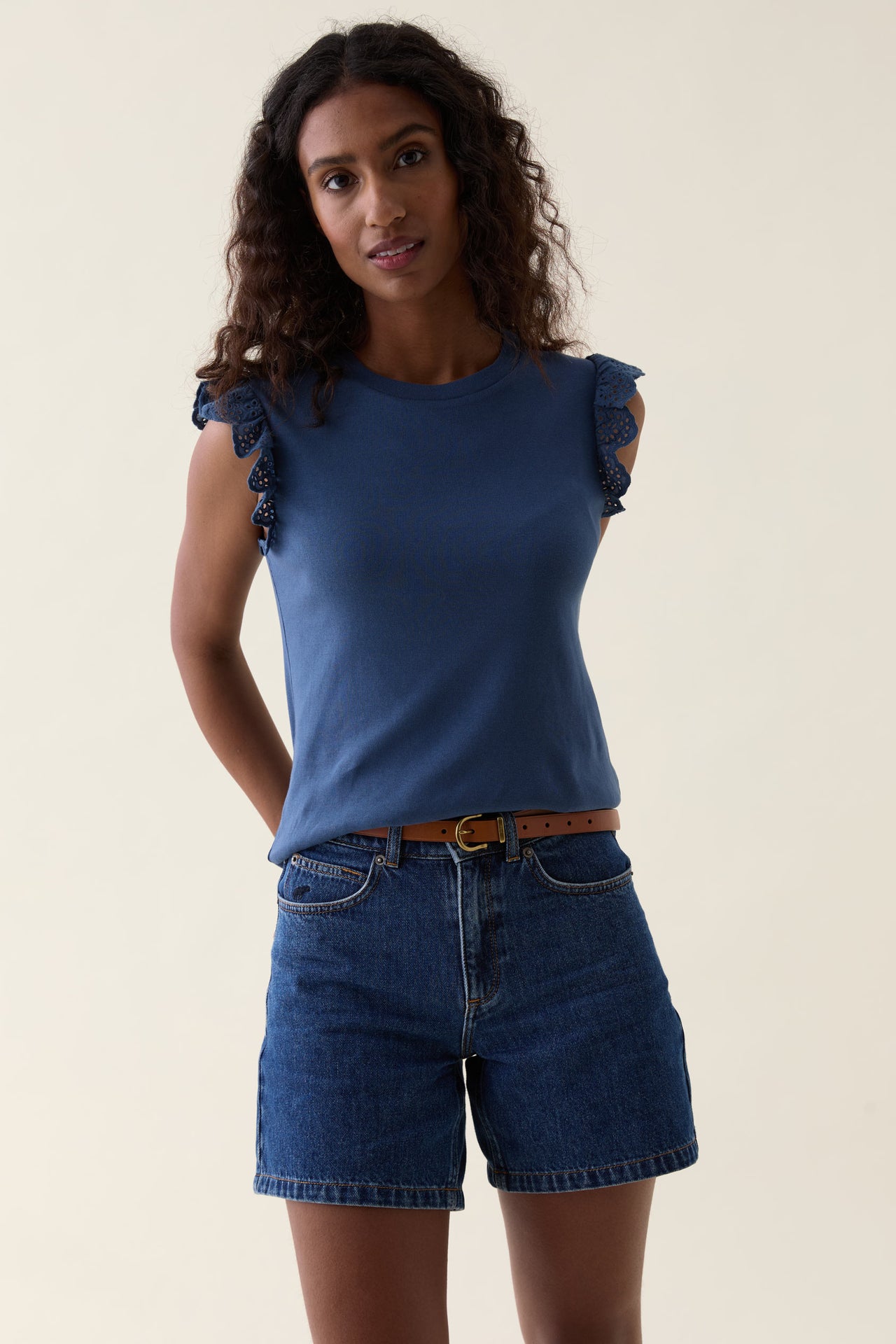 Thurley Mid Blue Broderie Sleeve Tee