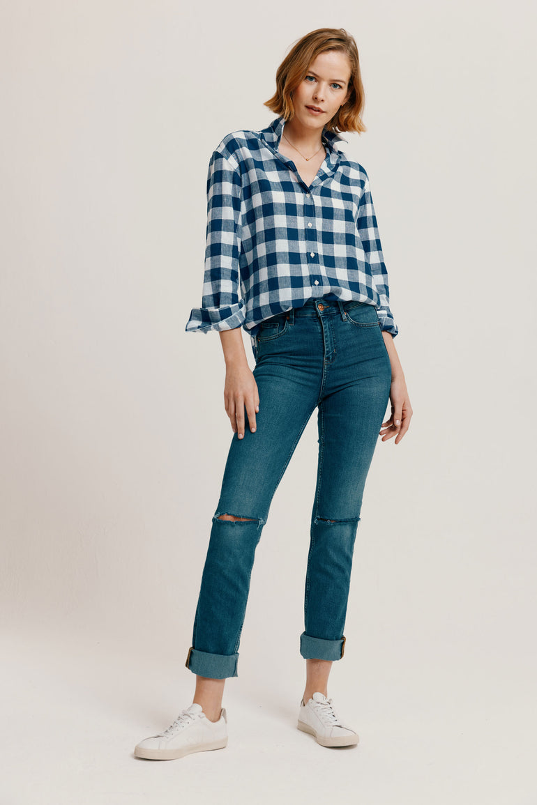 Chalton Navy Cotton Linen Check Shirt