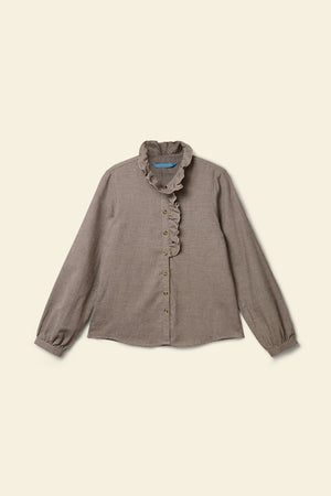 Brown blouse with ruffled collar on a beige background
