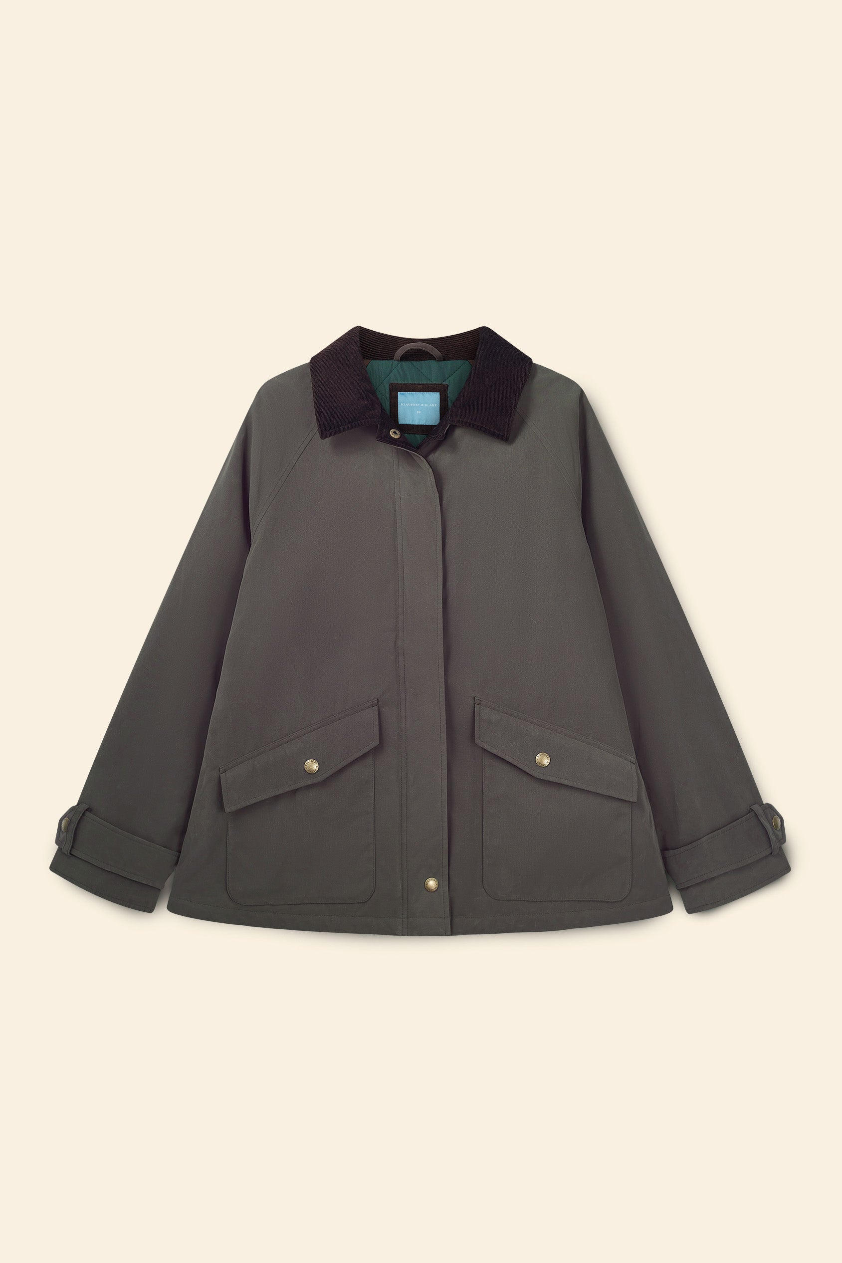 Dark gray jacket with a fur collar on a beige background