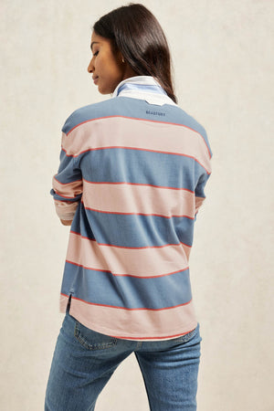 Blue and pink stripes pattern the Amaranth rugby, cut from soft cotton with a vintage collar. It nods to preppy sports kit. Yarn dyed stripe cotton rugby with super soft feel fabric. Casual wear. Size XS, S, M, L, XL. Machine wash.