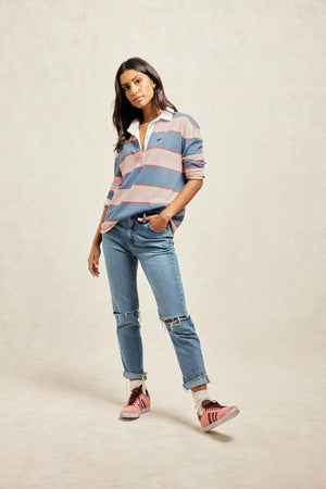 Blue and pink stripes pattern the Amaranth rugby, cut from soft cotton with a vintage collar. It nods to preppy sports kit. Yarn dyed stripe cotton rugby with super soft feel fabric. Casual wear. Size XS, S, M, L, XL. Machine wash.