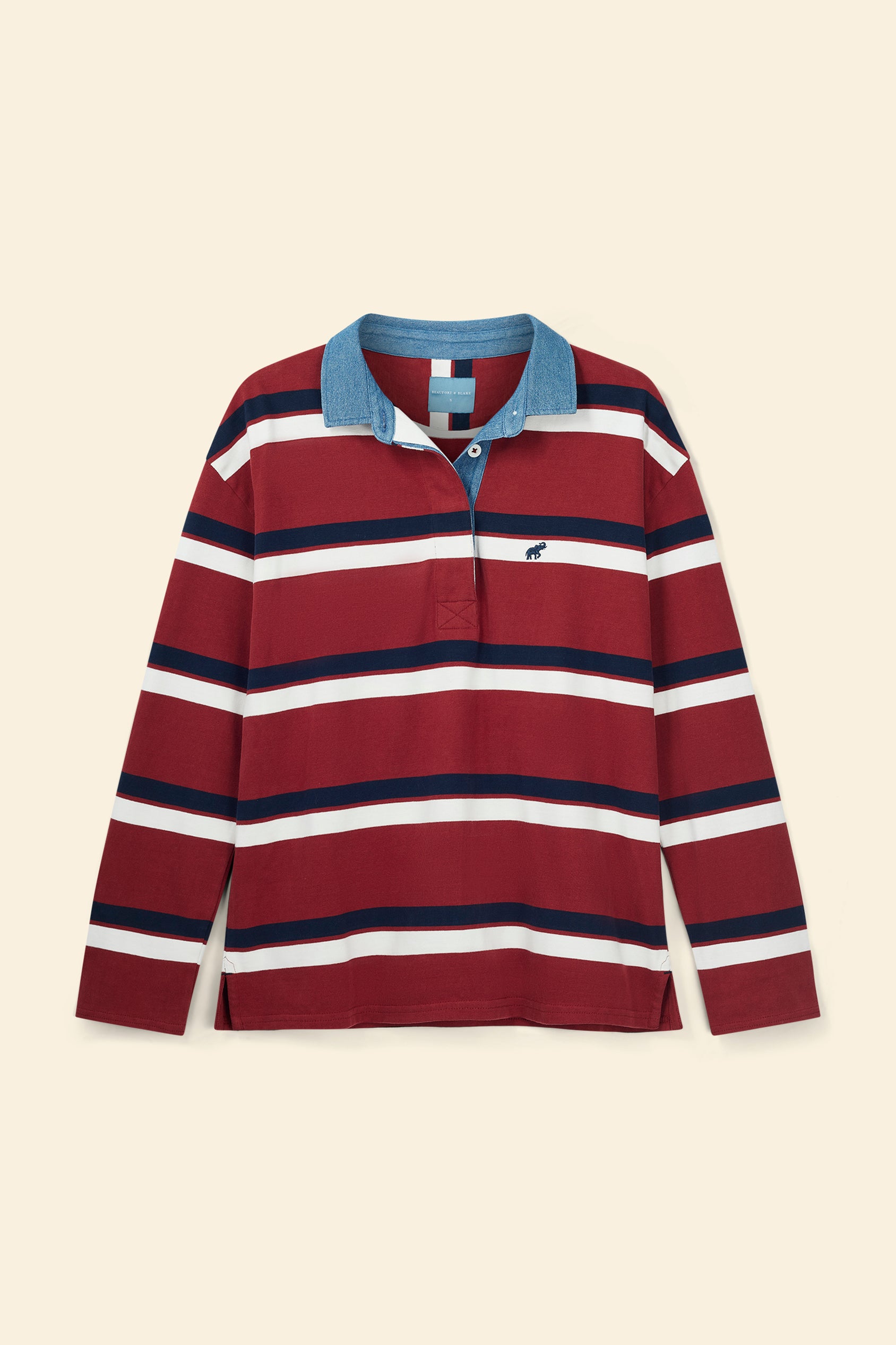Long-sleeve polo shirt with red, navy, and white stripes on a beige background