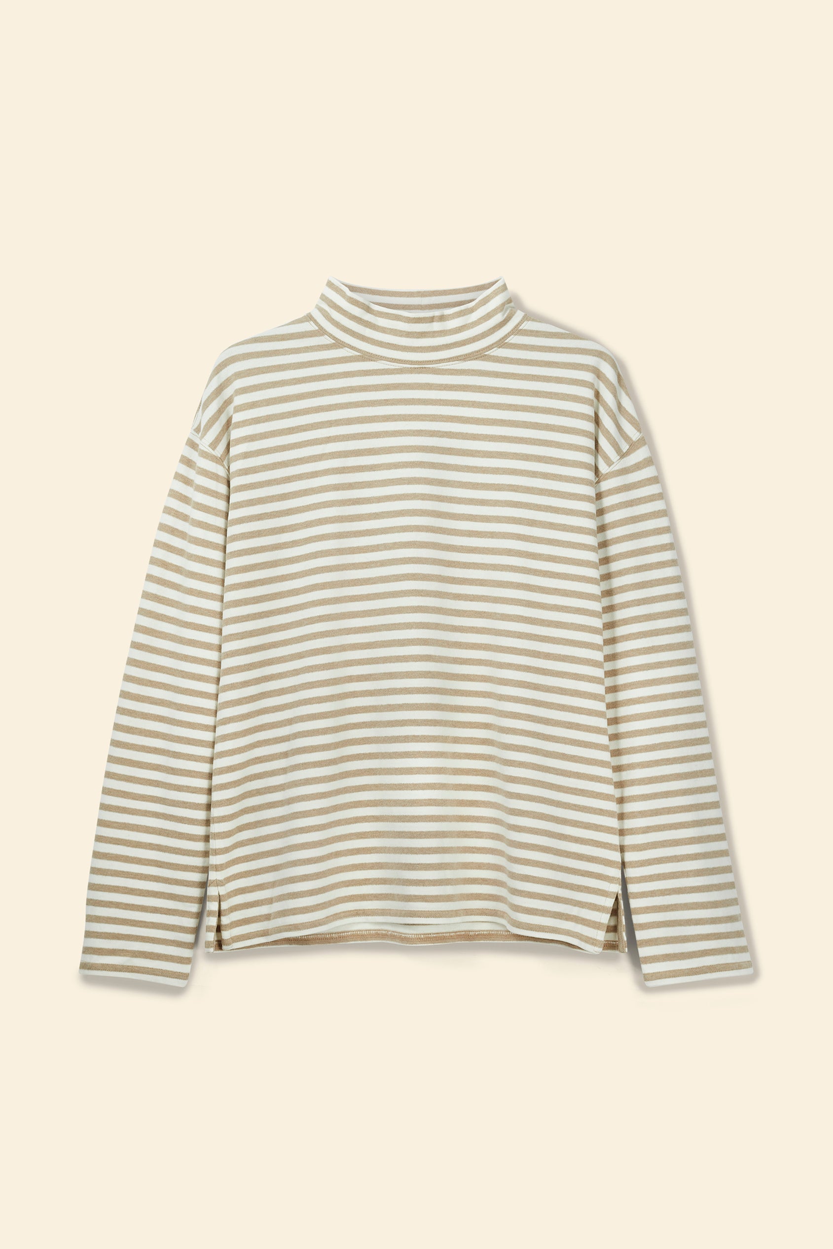 Striped turtleneck sweater on a beige background