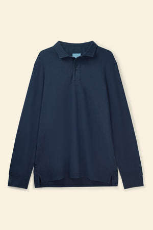 Navy long-sleeve polo shirt on a beige background
