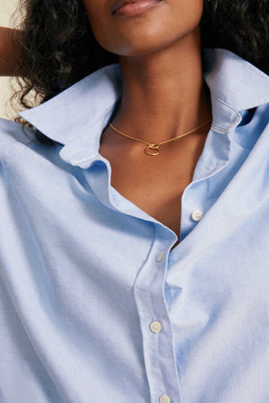 Close-up of a person wearing a light blue button-up shirt with a gold necklace.