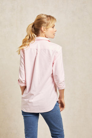 Classic collar boyfriend pink womens shirt in lighter weight oxford fabric. 100% Cotton. Cut from cotton to an effortless fit with a classic collar and button cuffs. Casual wear. Size XS, S, M, L, XL. Machine Wash. Made in Portugal.