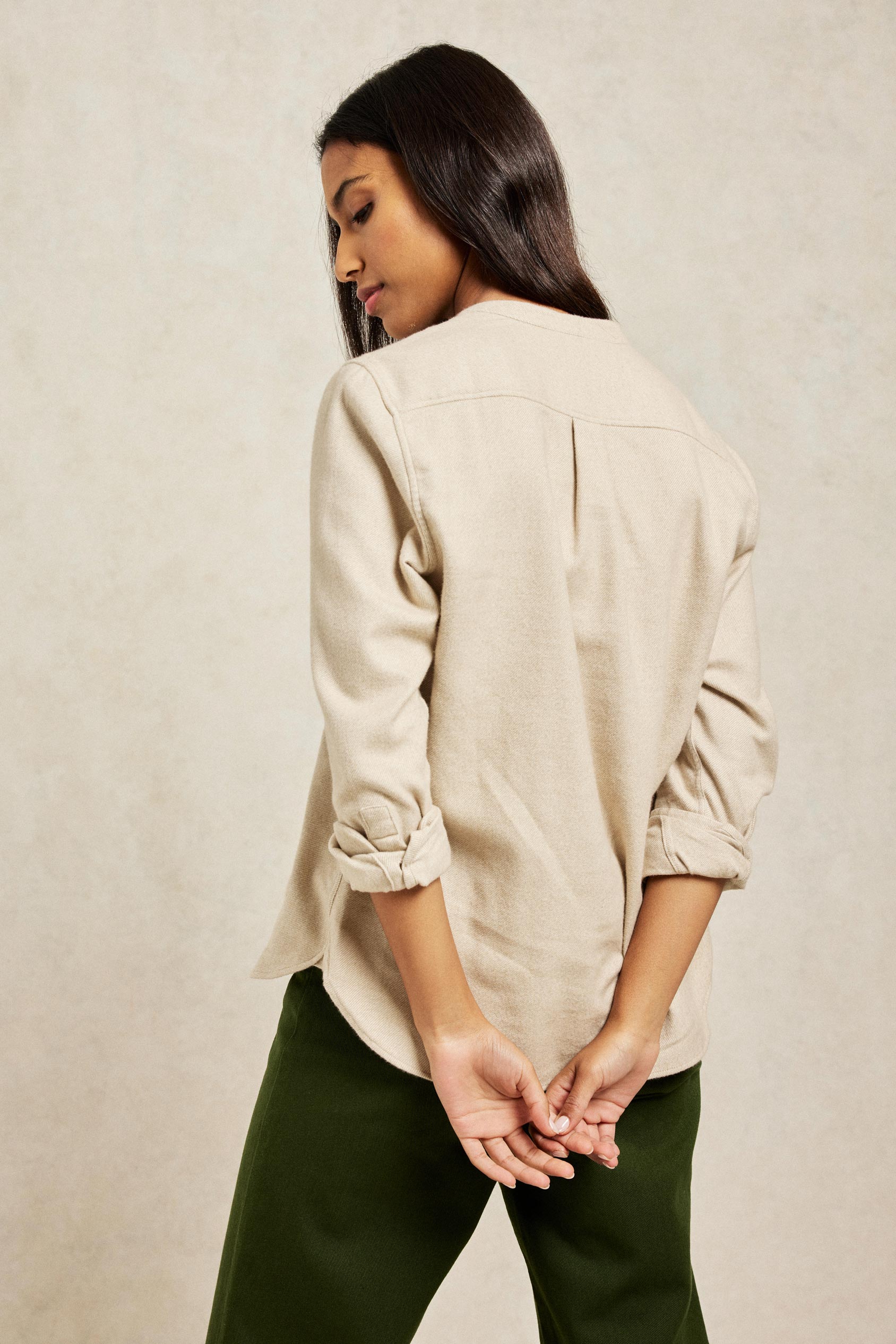 Soft brushed cotton shirt with Nehru collar in oat cream colourway. Our bestselling Bibury women’s shirt returns for another season. Cut from brushed cotton to a boyfriend fit. Casual wear. Size XS, S, M, L, XL. Made in Portugal. Boyfriend fit. Machine wash.