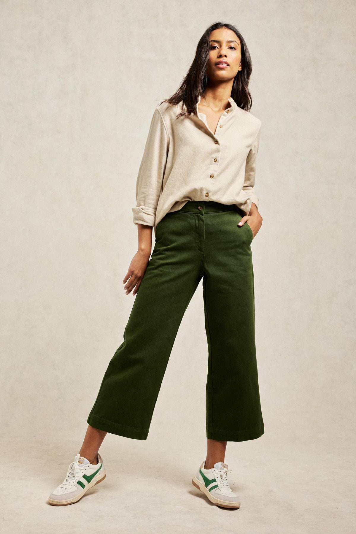Soft brushed cotton shirt with Nehru collar in oat cream colourway. Our bestselling Bibury women’s shirt returns for another season. Cut from brushed cotton to a boyfriend fit. Casual wear. Size XS, S, M, L, XL. Made in Portugal. Boyfriend fit. Machine wash.