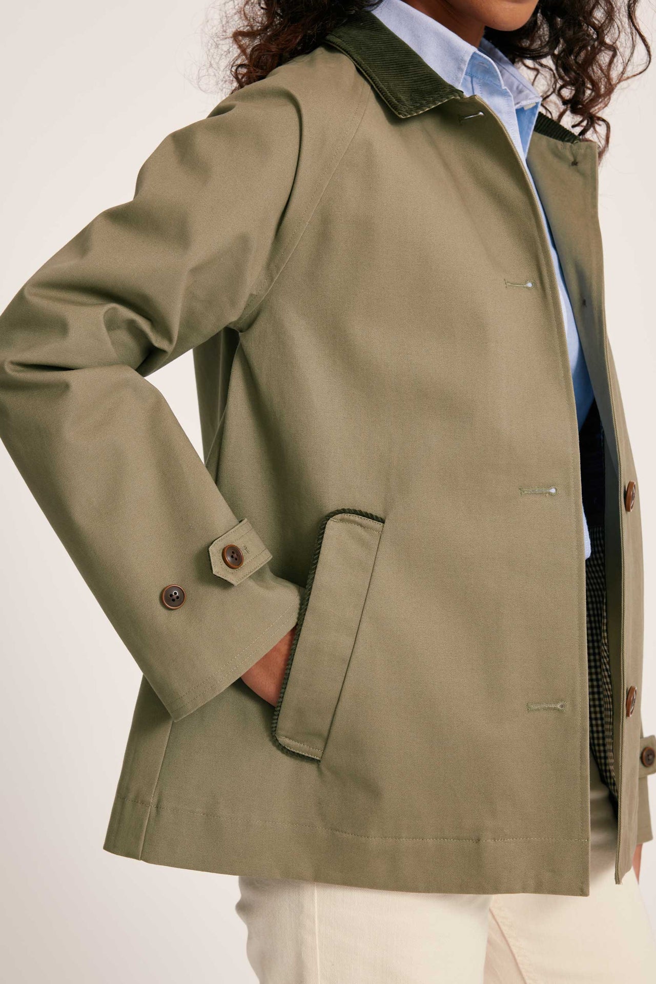 Person wearing a green coat with a white background