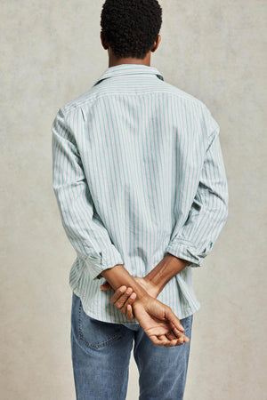 Green Stripe men’s linen shirt in yarn dye stripe with classic collar. Woven from our favourite cotton-linen combination. Patterned with subtle green stripes and sharpened with a classic collar. Made in Portugal. Machine wash. Size S, M, L, XL, XXL.
