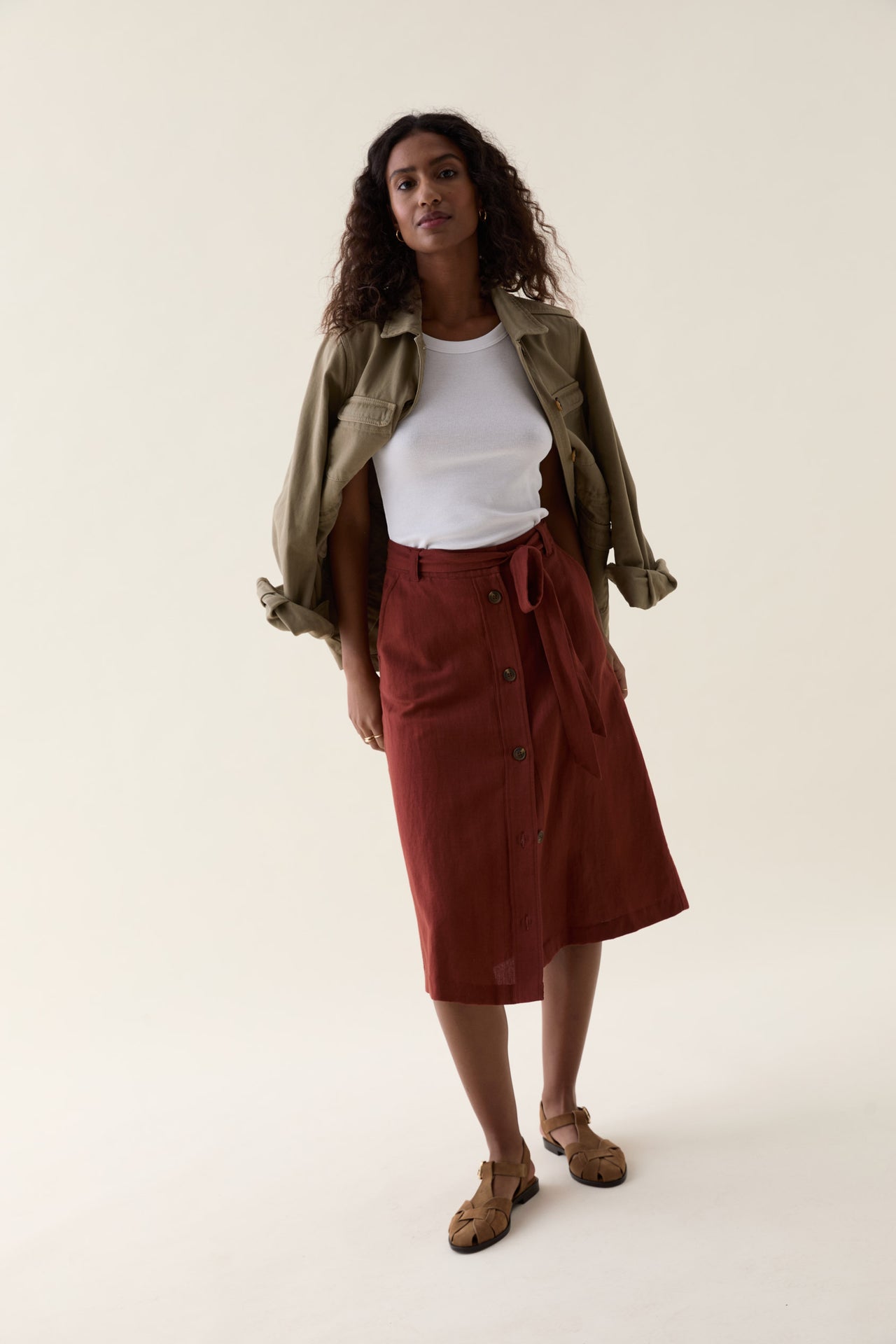 Compton Rust Linen Blend Midi Skirt