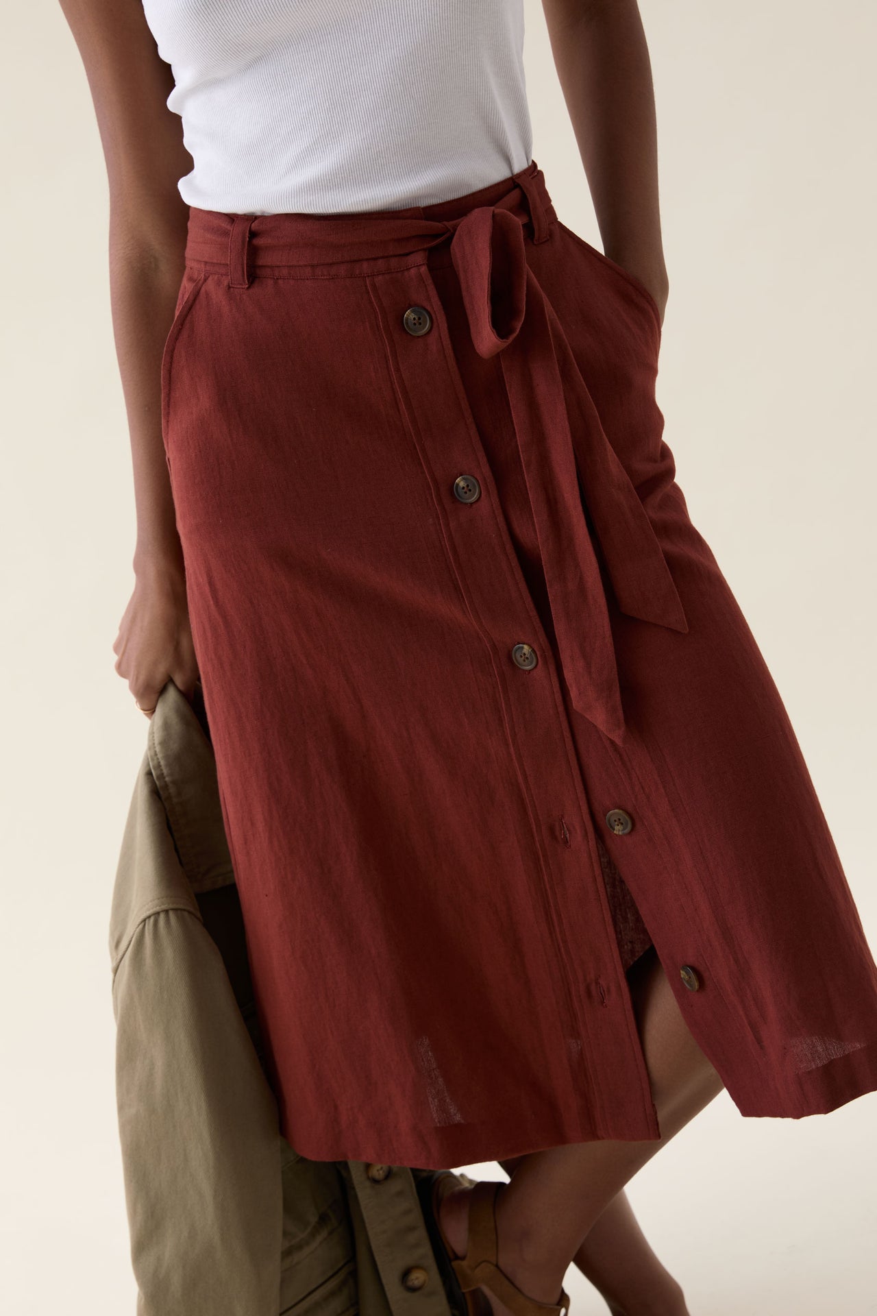 Compton Rust Linen Blend Midi Skirt