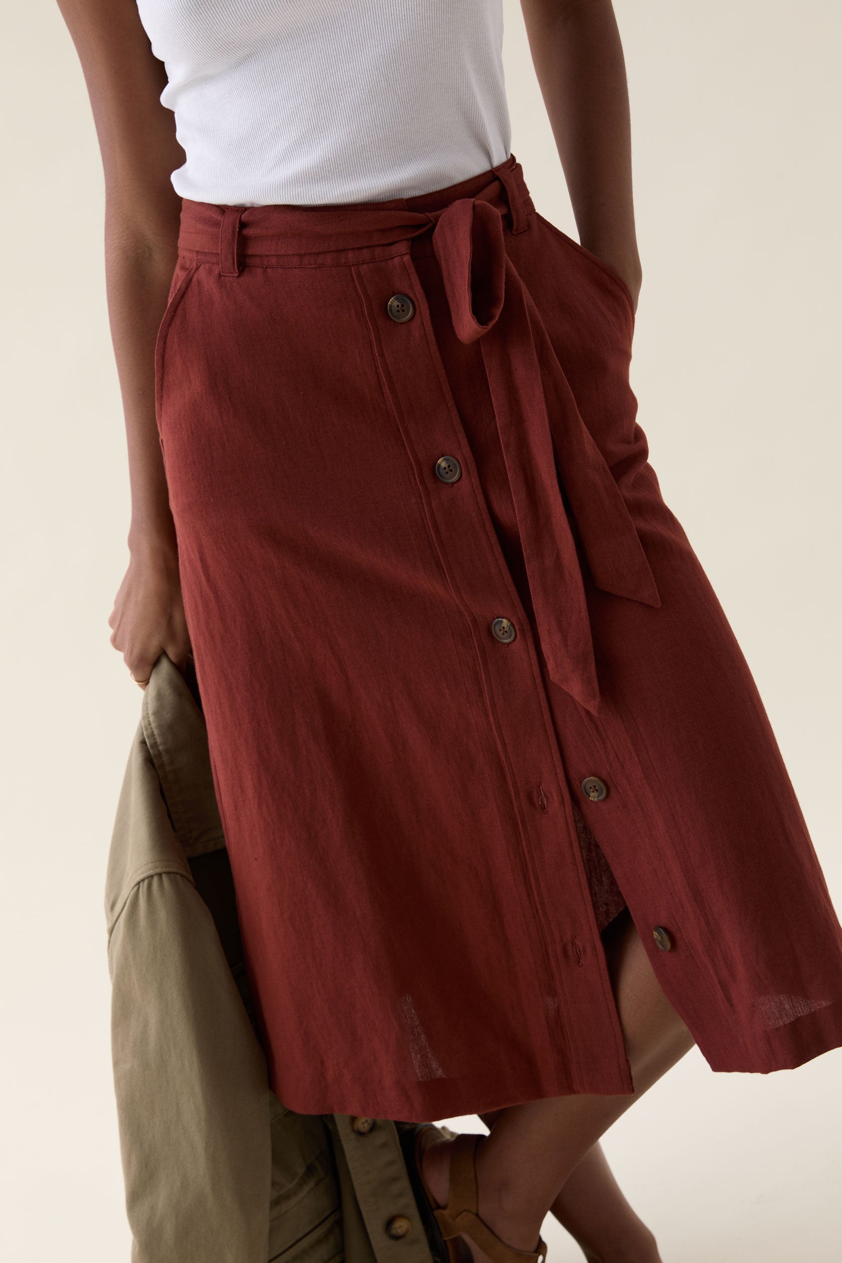 Compton Rust Linen Blend Midi Skirt