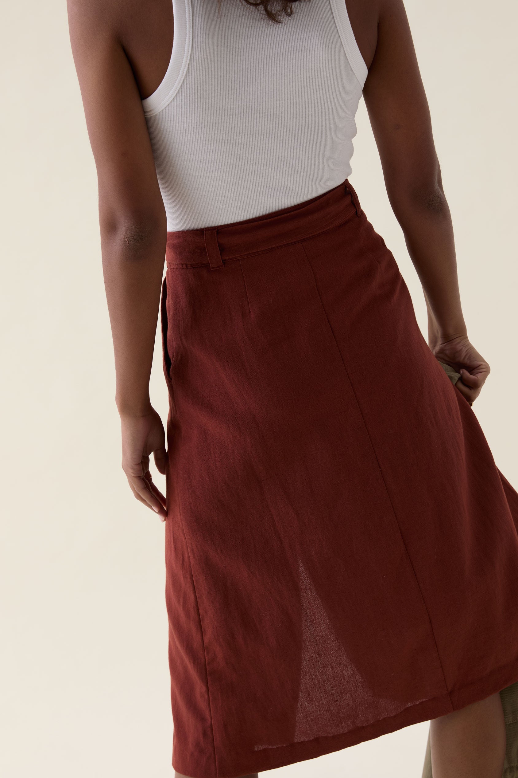Compton Rust Linen Blend Midi Skirt
