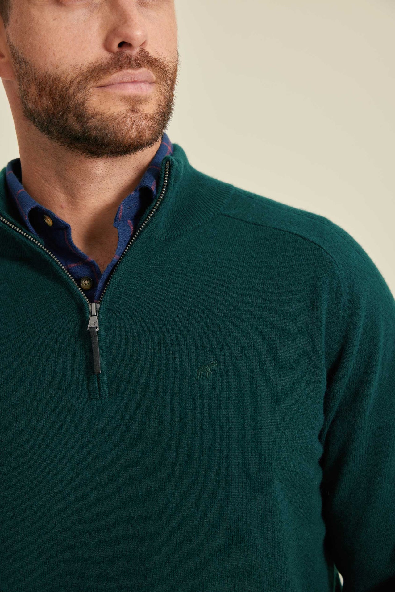 Man wearing a green sweater with a close-up of the collar and zipper.