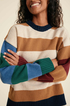 Person wearing a colorful striped sweater with a neutral background