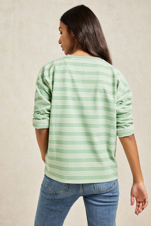 Woven from soft cotton with a plush peached finish. The drop shoulder and green and cream stripes add extra lovability. Long-sleeved tee. Casual wear. Size XS, S, M, L, XL. Machine wash.