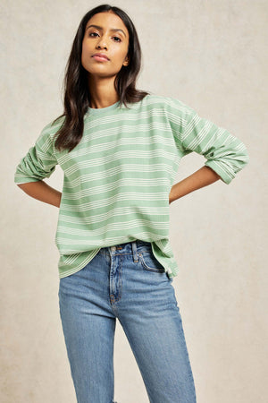 Woven from soft cotton with a plush peached finish. The drop shoulder and green and cream stripes add extra lovability. Long-sleeved tee. Casual wear. Size XS, S, M, L, XL. Machine wash.