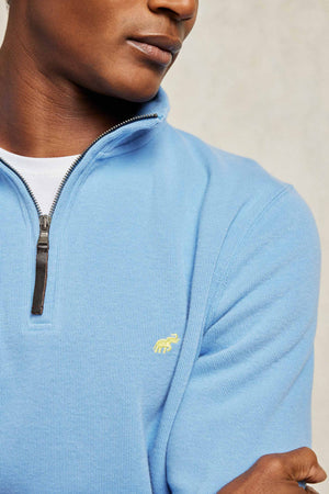 Super soft fine rib sky blue men's sweat with half zip feature. 100% Cotton. The Frampton half zip is crafted from super-soft ribbed cotton. Made in Portugal. Smart casual wear. Machine wash. Size S, M, L, XL, XXL.