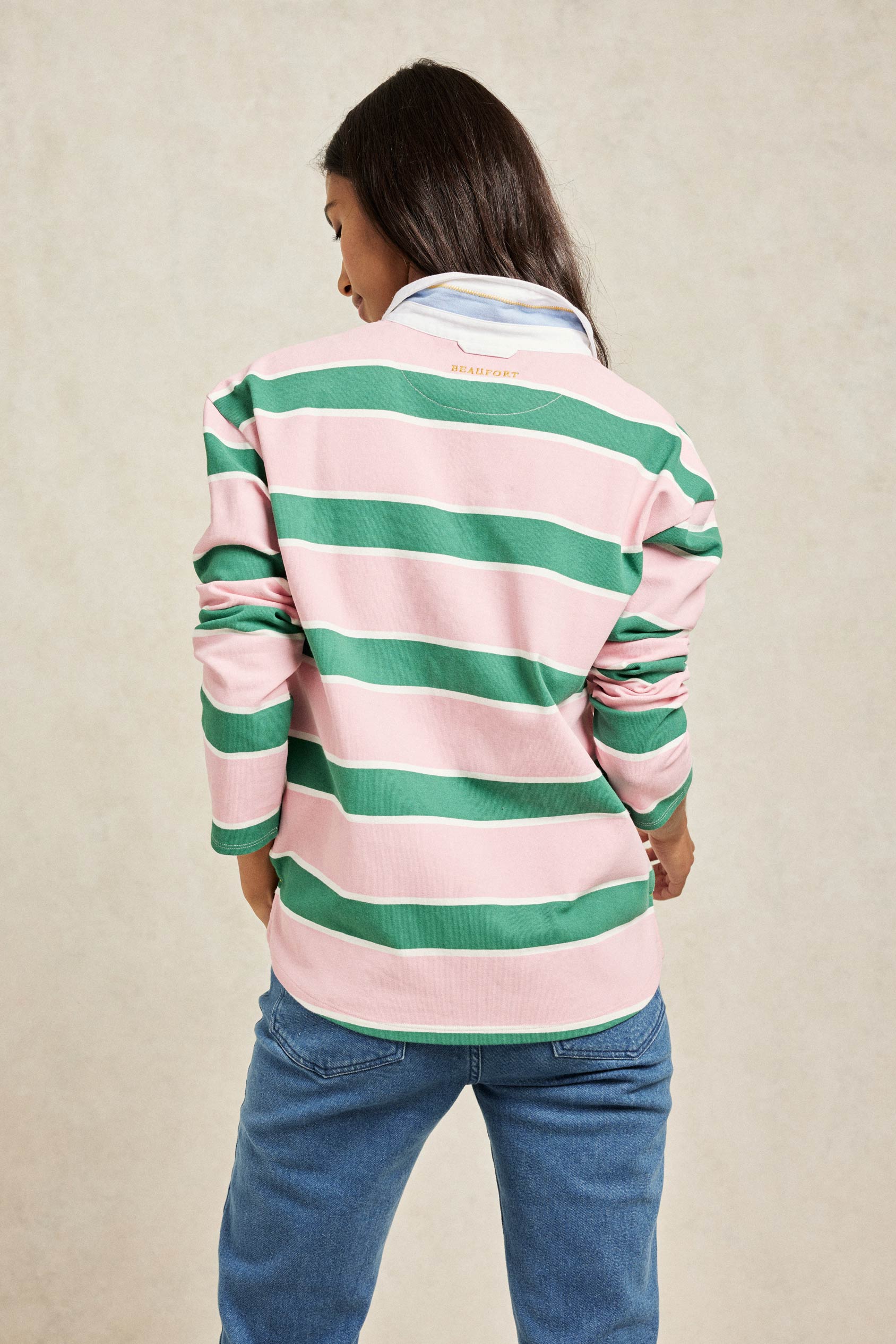 Add a splash of colour to your wardrobe with the Freesia striped rugby, cut from soft cotton. The collar and rubberised buttons add vintage appeal. Casual wear. Size XS, S, M, L, XL. Machine wash.