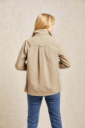 Womens chore jacket with peached fabric finish. 100% Cotton. Cut from light beige, biscuit coloured cotton to a boxy fit. The patch pockets and buttons nod to vintage designs. Casual wear. Size XS, S, M, L, XL. Machine wash.