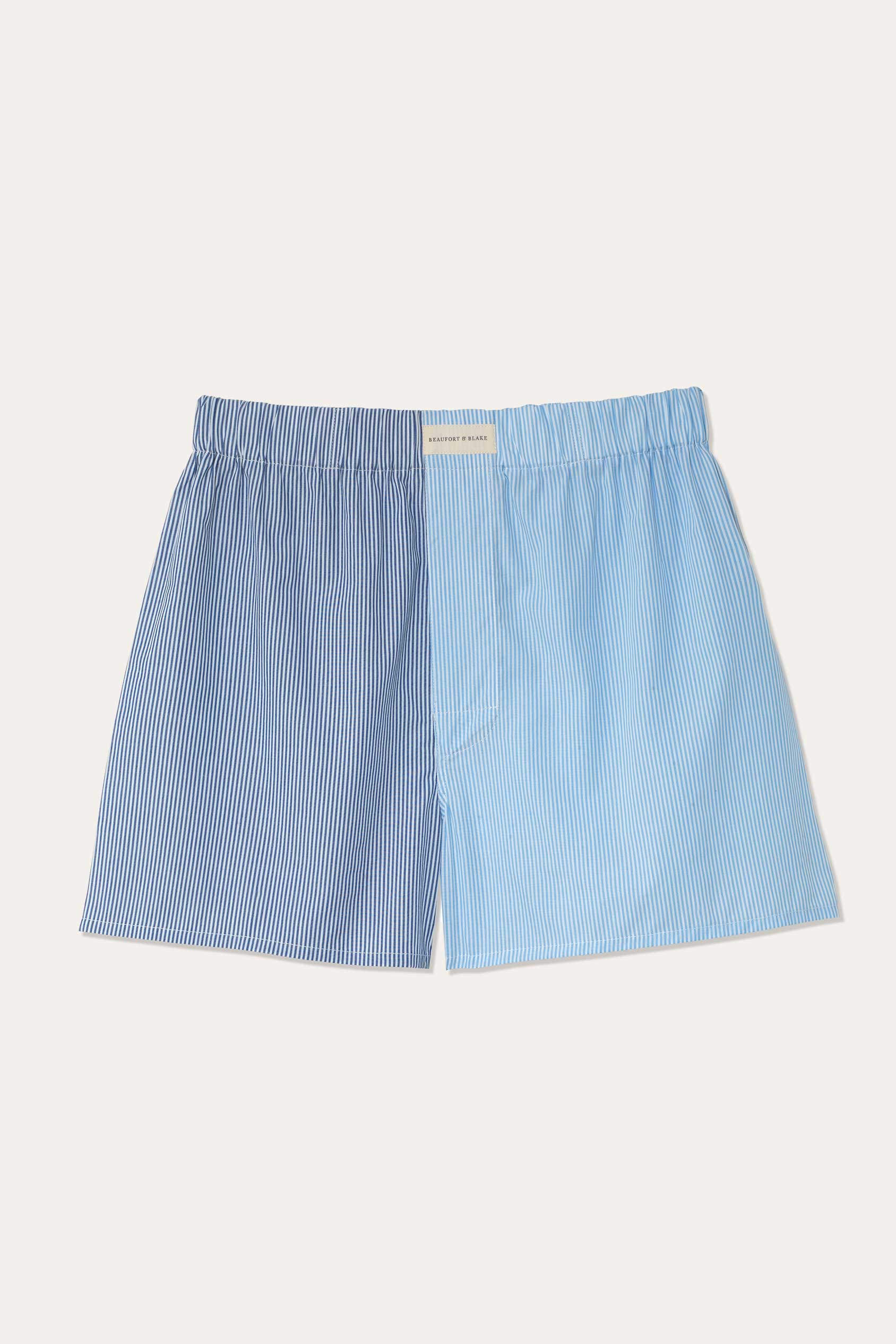 Fine stripe blue colour block poplin boxers. It's time to upgrade your top drawer with a pair of stripy Beaufort boxers. They're cut from pure cotton with a soft elasticated waist. Made in Portugal. Machine Wash. Underwear. Size S, M, L, XL, XXL.