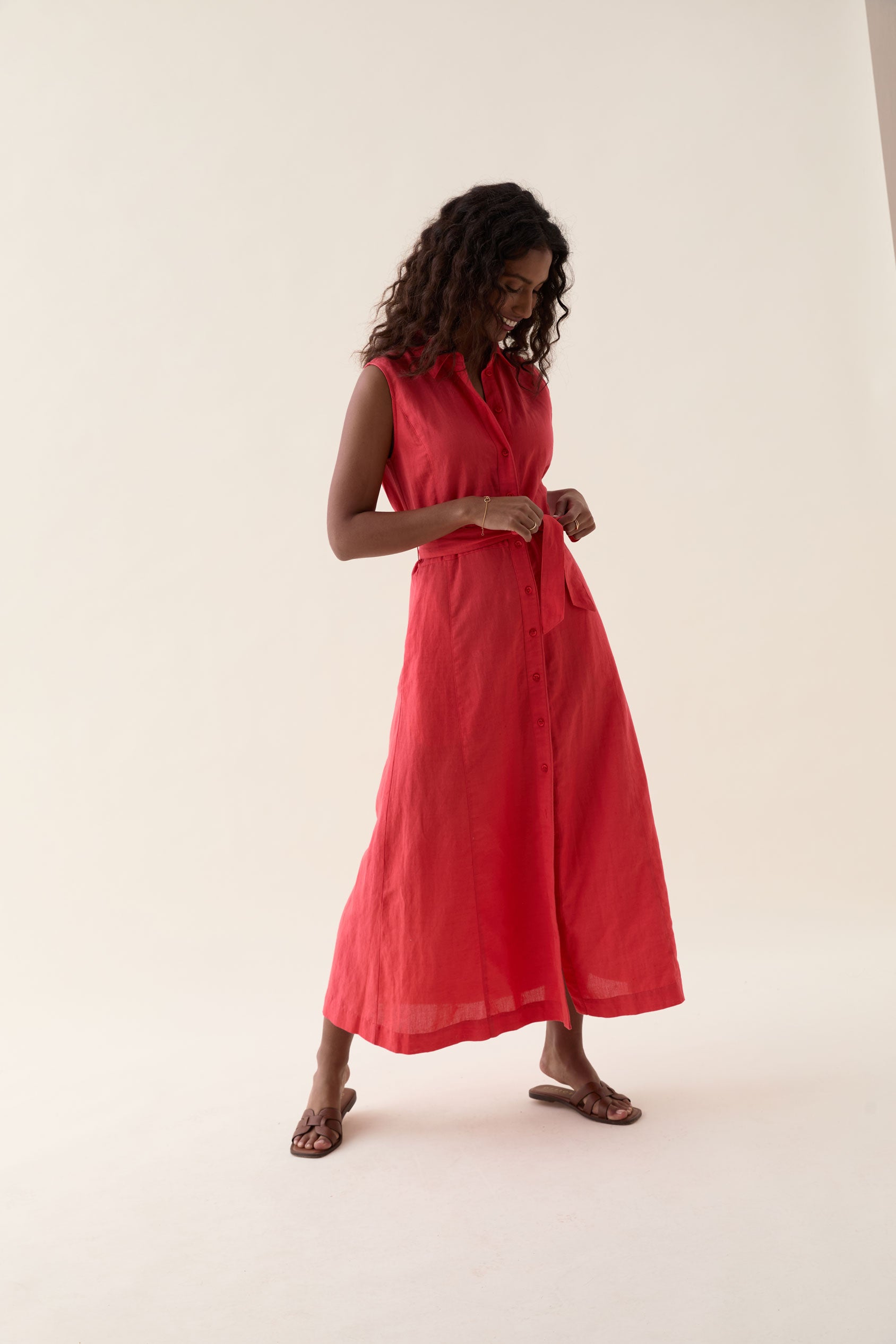 red linen shirt dress Solid Linen Belted Shirt Dress