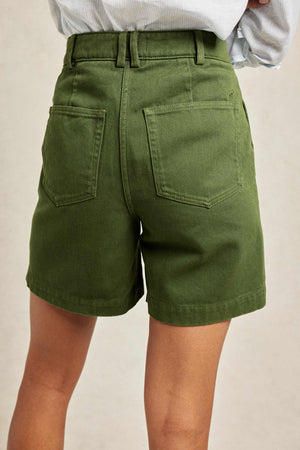 Juneberry Khaki green shorts with front and back patch pockets. A weekend-away essential, cut from cotton twill to a flattering high-rise fit. Side pockets. Size 6,8,10,12,14,16,18. Made in Portugal. Machine wash.