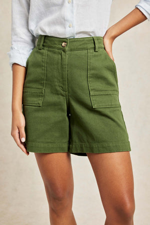 Juneberry Khaki green shorts with front and back patch pockets. A weekend-away essential, cut from cotton twill to a flattering high-rise fit. Side pockets. Size 6,8,10,12,14,16,18. Made in Portugal. Machine wash.