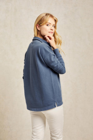 Loopback women’s indigo navy sweatshirt in classic rugby style, garment dyed for vintage look. A soft, vintage-inspired sweat. The Kittisford is a trusty staple, cut from cotton with a subtle faded wash. Casual wear. Size XS, S, M, L, XL. Machine wash.