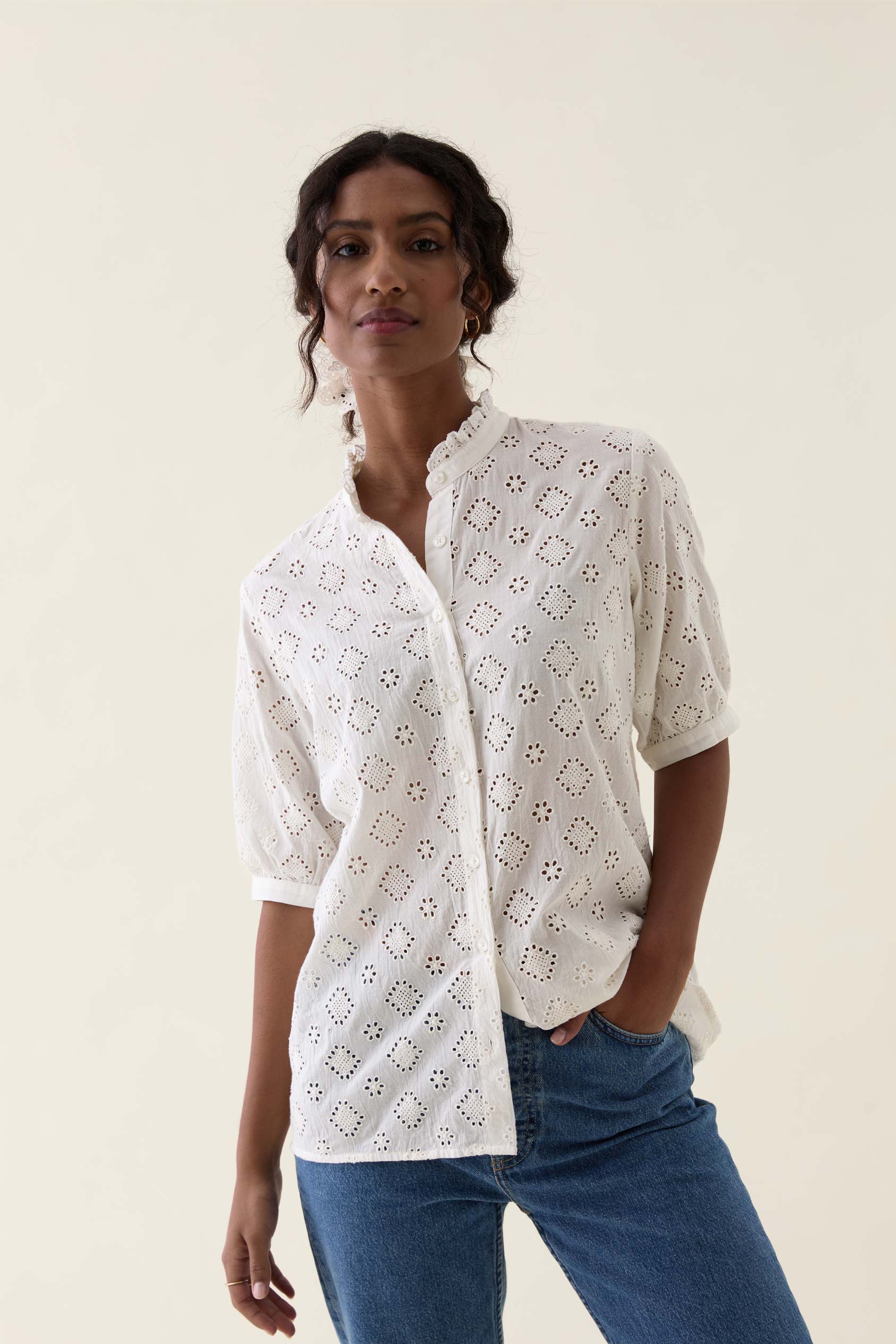 Women's Mimbridge Frill Neck Broderie Shirt 100% Cotton in White