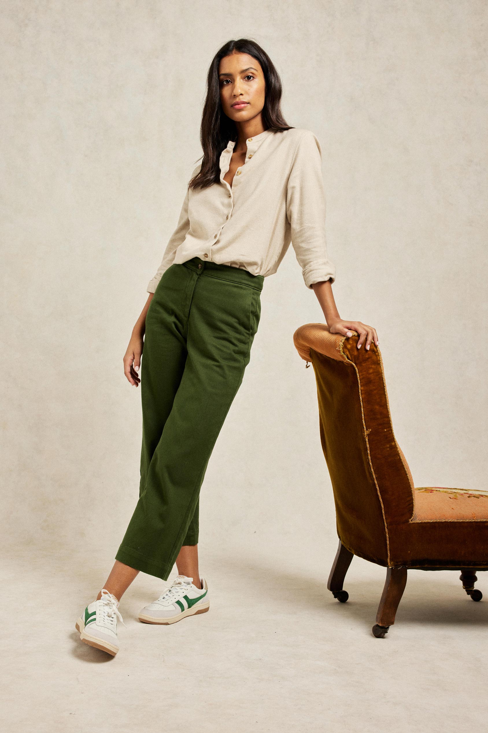 Ros Khaki Green Twill Cropped Women's Trousers