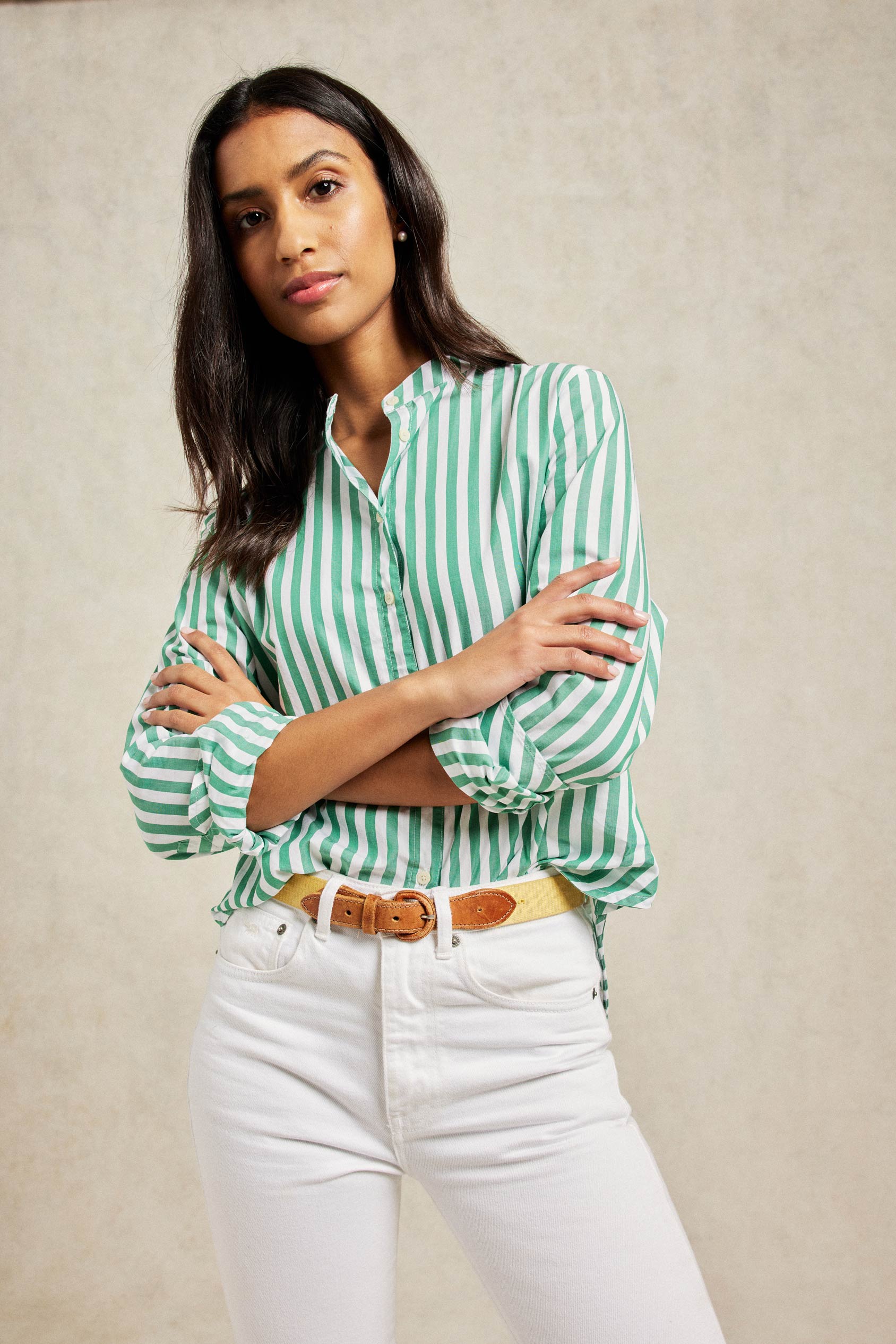 Basil-green stripes transform the Shadblow shirt into a serious mood-booster. Cut from cotton to our favourite boyfriend fit with a chic Nehru collar. Casual wear. Size XS, S, M, L, XL. Machine wash. Made in Portugal.