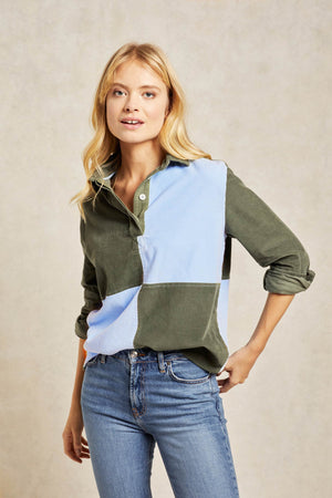 Overhead women’s deck shirt with cord quarter design and classic collar. 100% Cotton Cord. The patchwork design is cut from khaki and pale blue soft needlecord and stitched with buttons. Casual wear. Size XS, S, M, L, XL. Boyfriend fit. Machine Wash.
