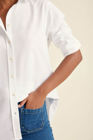 Person wearing a white button-up shirt and blue jeans against a beige background