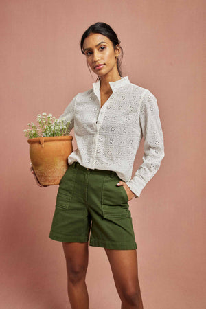 Willow White Broderie Frill Neck Shirt