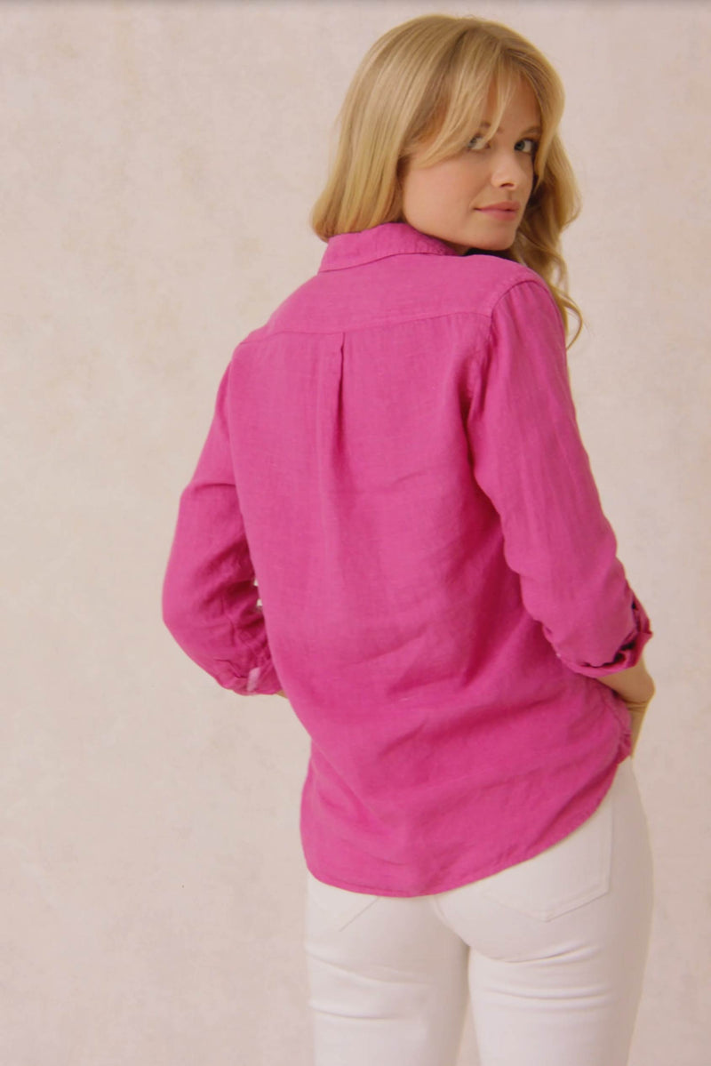 Garment dyed orchid pink women’s shirt with back box pleat and curved hem. Effortless style, made to last. Cut from 100% linen to a boyfriend fit. Casual wear. Size XS, S, M, L, XL. Machine wash.