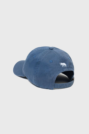 Sun faded classic navy cap. Embroidered contrast Beaufort & Blake logo design. Signature elephant embroidery on back. Antique brass eyelet and adjustable closure. 100% cotton. One size fits all, unisex.